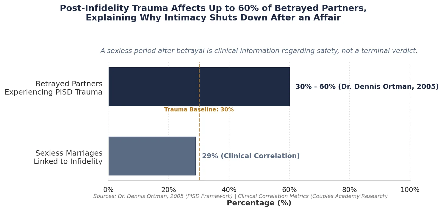 Chart showing 30 to 60 percent of betrayed partners experience post-infidelity trauma, and 29 percent of sexless marriages are linked to infidelity